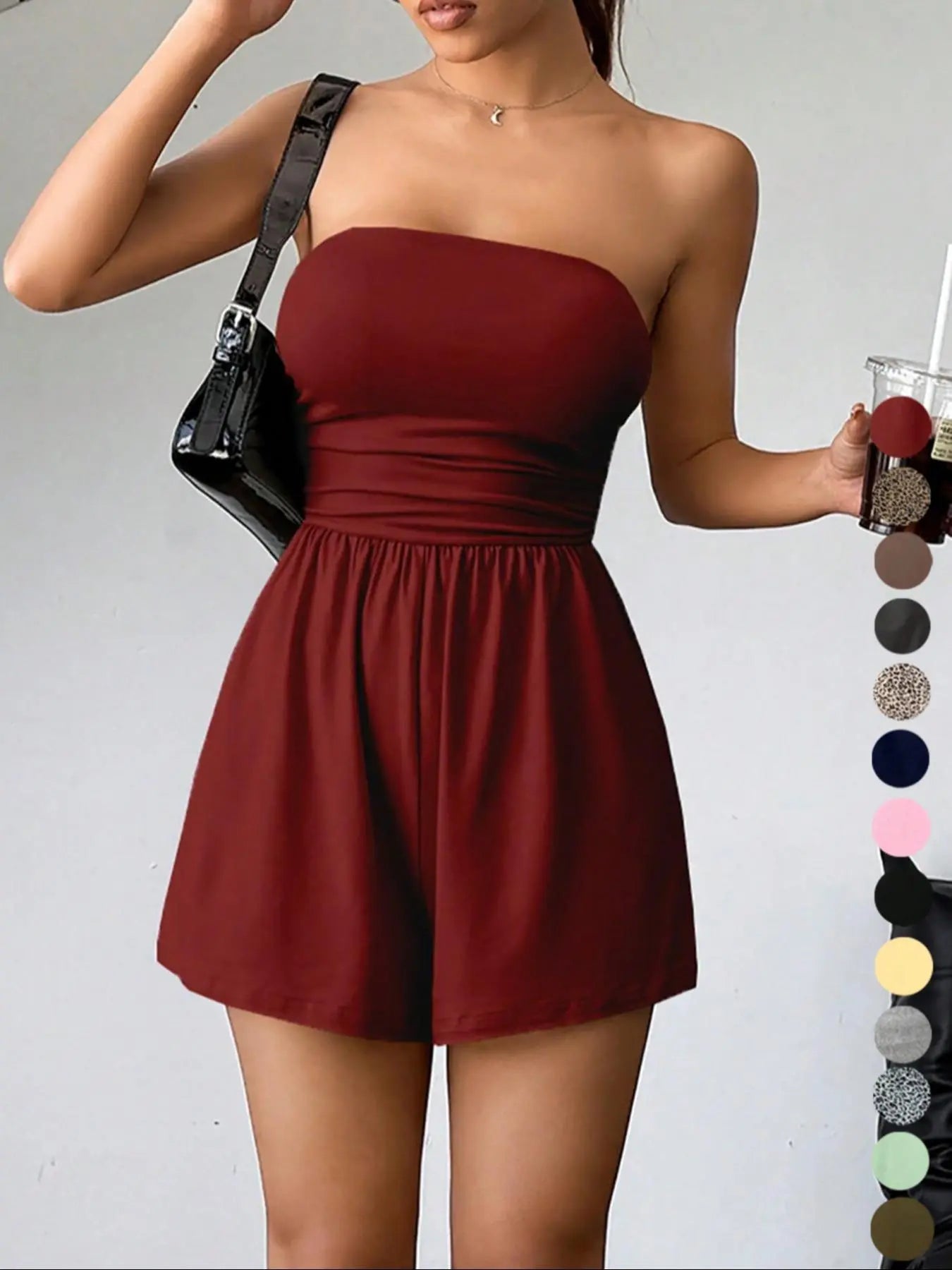 Lovelywholesale，Women'S Plain Leopard Print Sleeveless Fitted Tube Romper, Casual Fashion Strapless Romper for Spring and Summer, Women'S Clothes for Daily Wear Womenswear