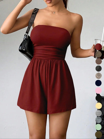 Lovelywholesale，Women'S Plain Leopard Print Sleeveless Fitted Tube Romper, Casual Fashion Strapless Romper for Spring and Summer, Women'S Clothes for Daily Wear Womenswear