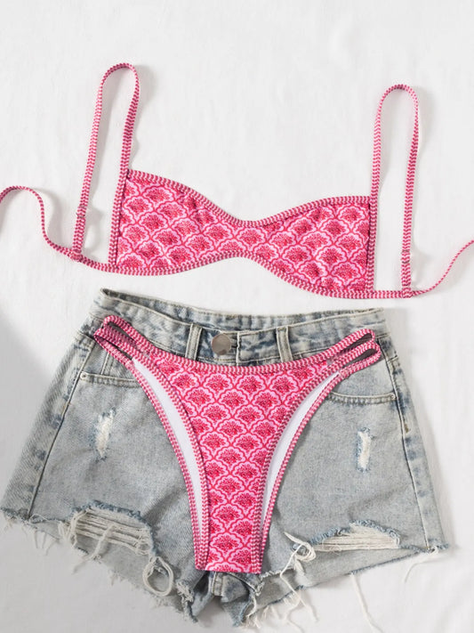 Two-Piece Set Women'S Floral Print Bikini Set, Casual Fashion Chic Swimsuit Set for Beach Holiday Vacation, Ladies Summer Clothes