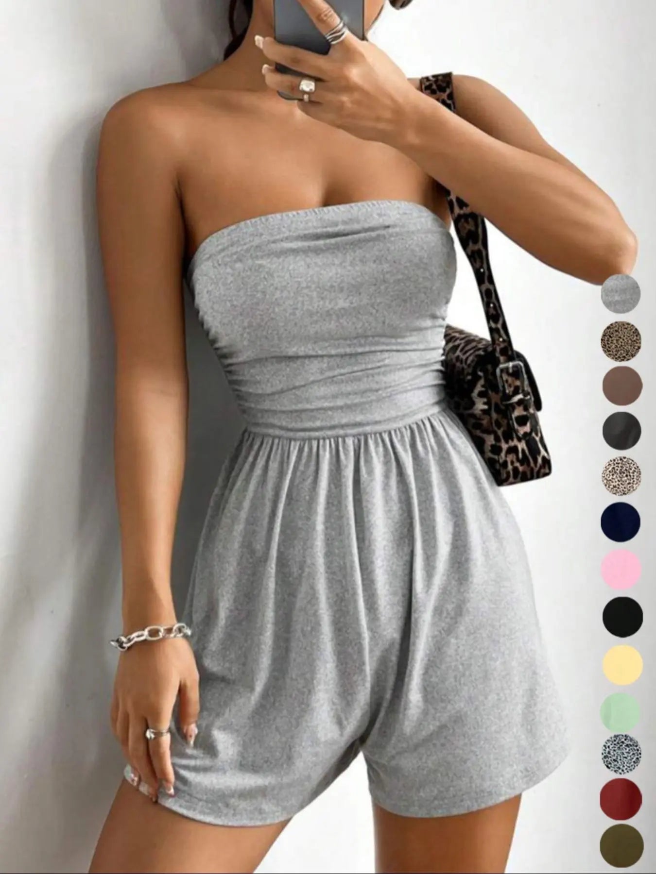Lovelywholesale，Women'S Plain Leopard Print Sleeveless Fitted Tube Romper, Casual Fashion Strapless Romper for Spring and Summer, Women'S Clothes for Daily Wear Womenswear