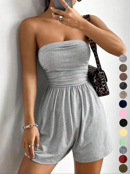 Lovelywholesale，Women'S Plain Leopard Print Sleeveless Fitted Tube Romper, Casual Fashion Strapless Romper for Spring and Summer, Women'S Clothes for Daily Wear Womenswear