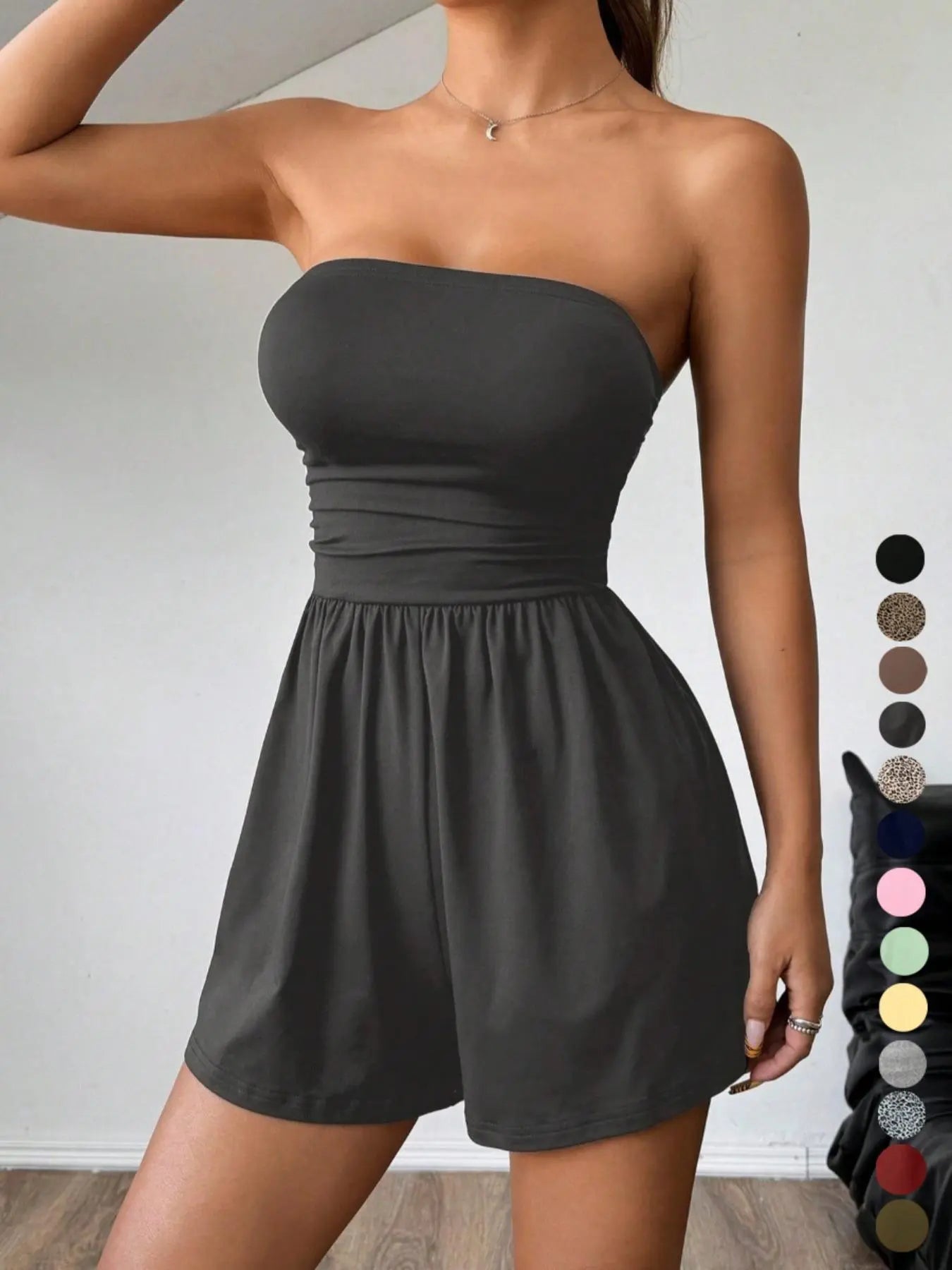 Lovelywholesale，Women'S Plain Leopard Print Sleeveless Fitted Tube Romper, Casual Fashion Strapless Romper for Spring and Summer, Women'S Clothes for Daily Wear Womenswear