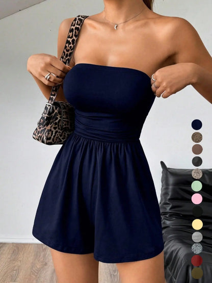 Lovelywholesale，Women'S Plain Leopard Print Sleeveless Fitted Tube Romper, Casual Fashion Strapless Romper for Spring and Summer, Women'S Clothes for Daily Wear Womenswear