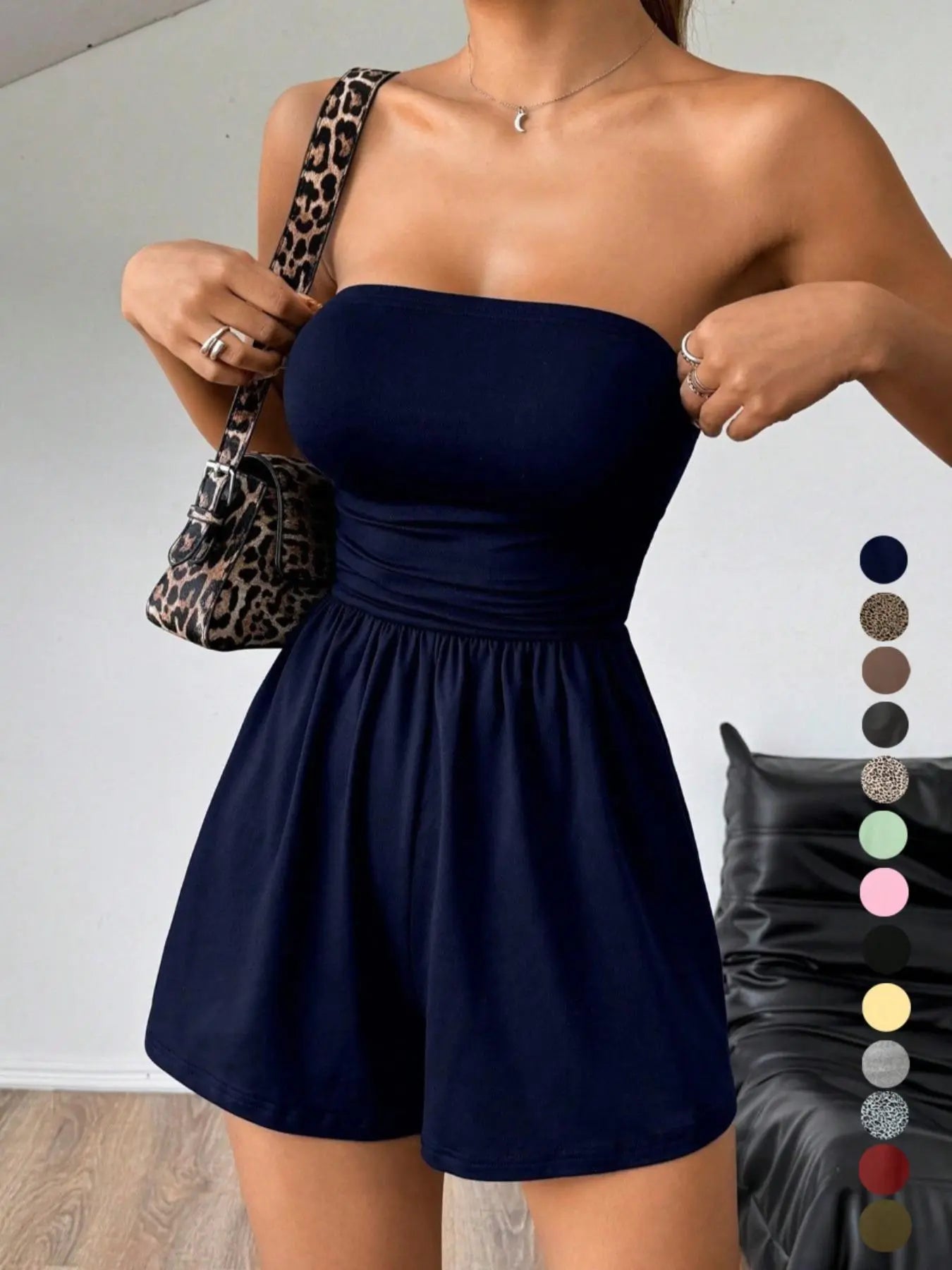 Lovelywholesale，Women'S Plain Leopard Print Sleeveless Fitted Tube Romper, Casual Fashion Strapless Romper for Spring and Summer, Women'S Clothes for Daily Wear Womenswear