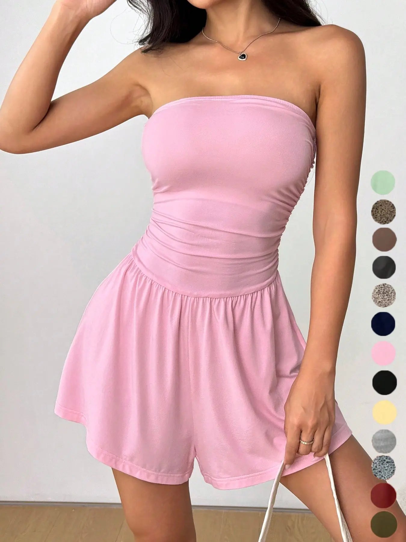 Lovelywholesale，Women'S Plain Leopard Print Sleeveless Fitted Tube Romper, Casual Fashion Strapless Romper for Spring and Summer, Women'S Clothes for Daily Wear Womenswear