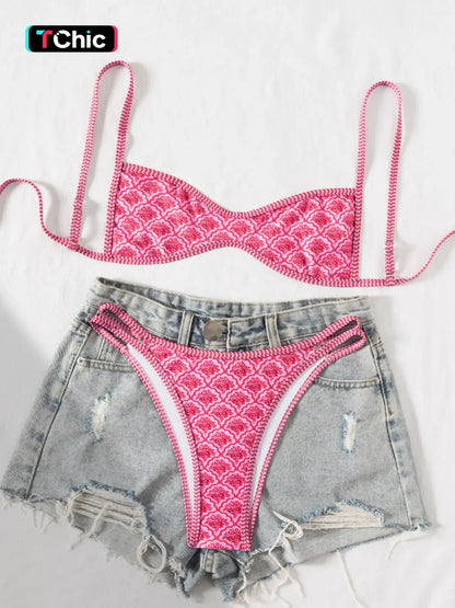 Two-Piece Set Women'S Floral Print Bikini Set, Casual Fashion Chic Swimsuit Set for Beach Holiday Vacation, Ladies Summer Clothes